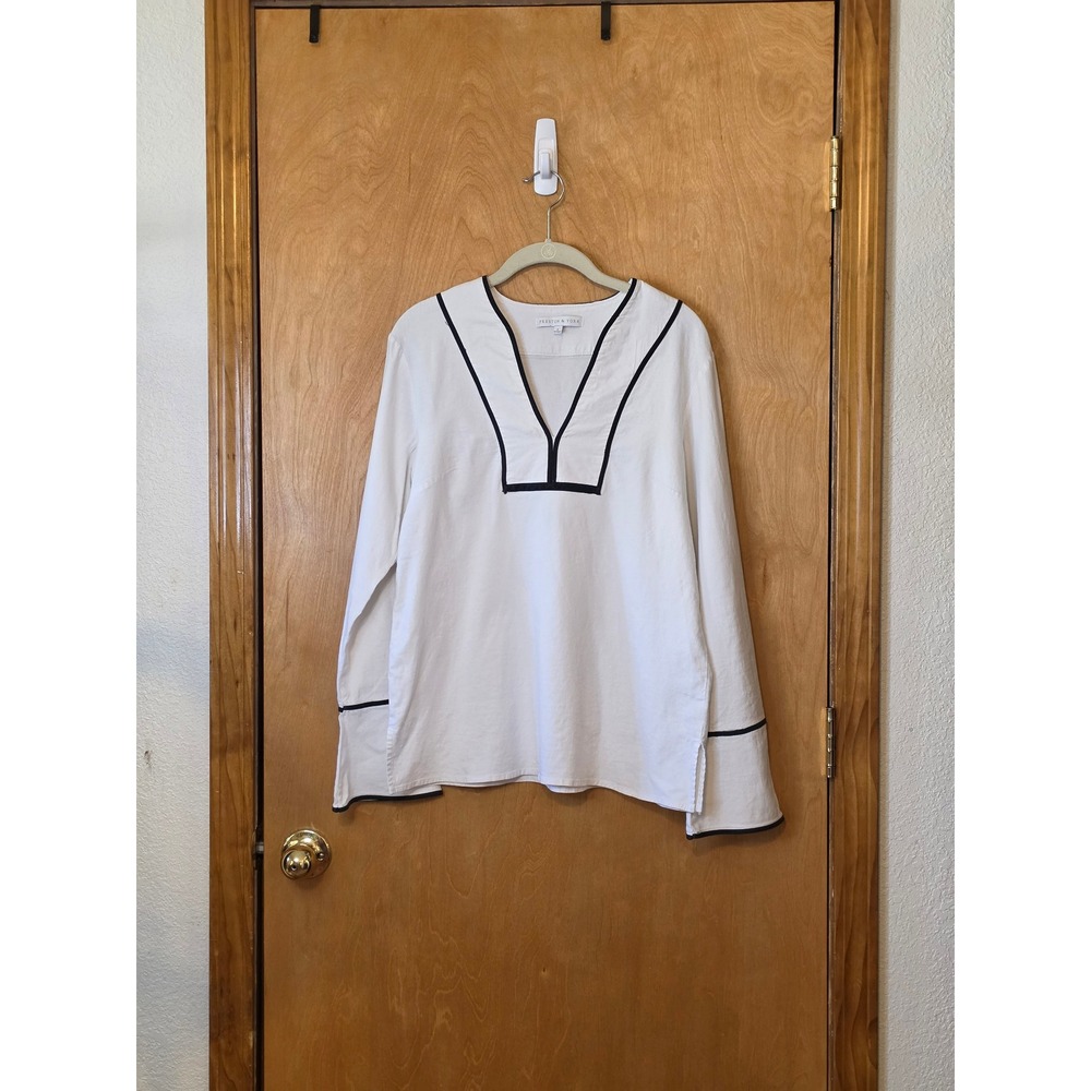 Preston & York Linen Blend Peasant Blouse White Black Piping Trim Size 8